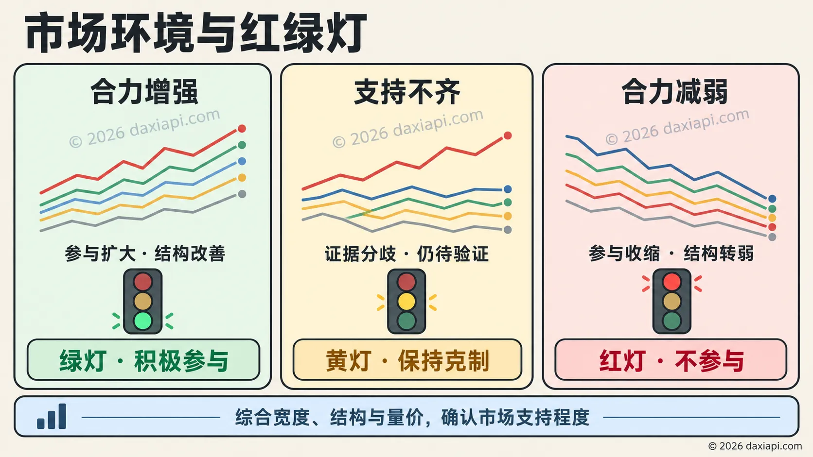 市场环境与红绿灯:绿灯对应积极参与,黄灯对应保持克制,红灯对应不参与。