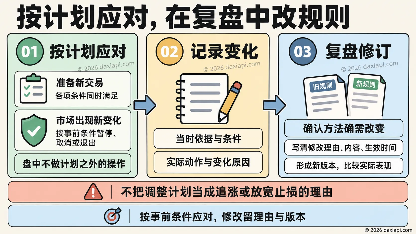 按计划应对、记录变化与复盘修订的关系